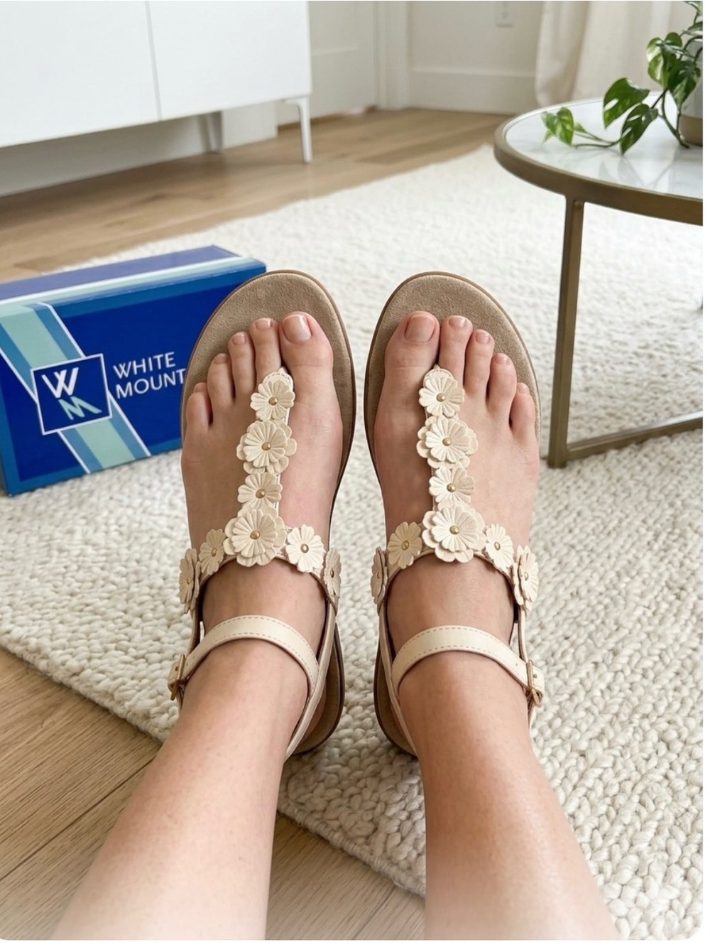 White Mountain Liftoff Flat Sandals feature delicate floral applique on T-strap